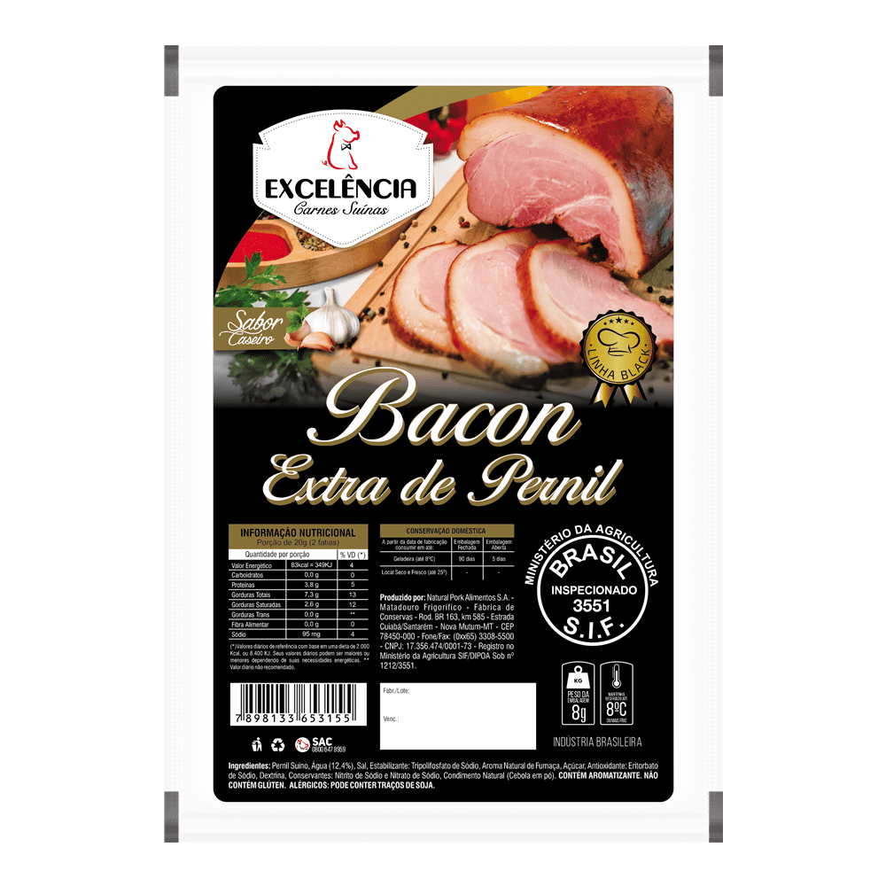 Bacon extra de pernil black excelência carnes suínas